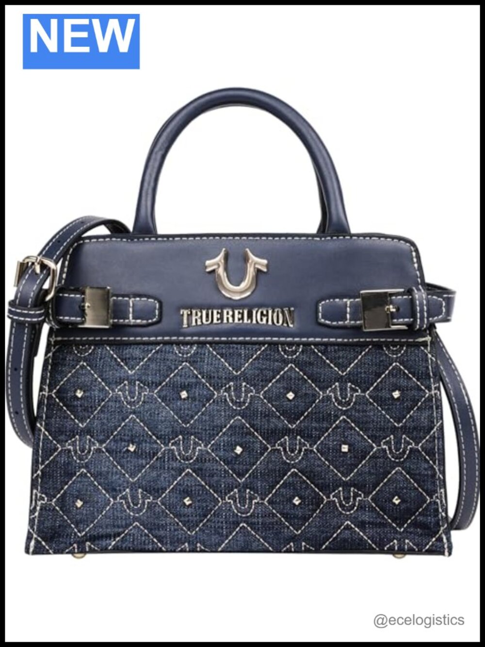 Quilted Denim Tote Bag with Studded Accents and Detachable Strap